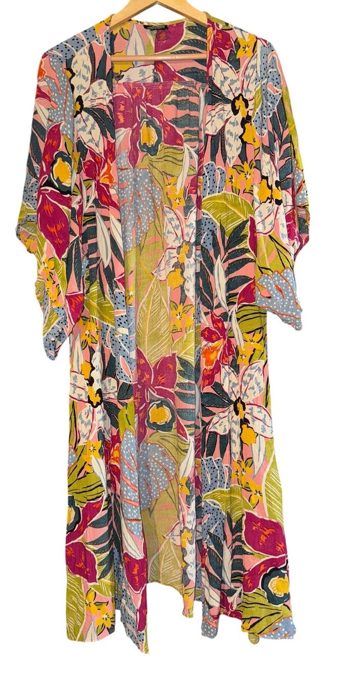 Angie Floral Kimono Duster Women's Small Tropical Vacation Summer Resort Beach